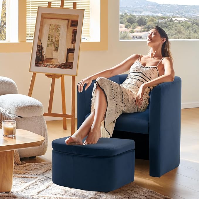 MALOL Mid-Century Velvet Living Room Chair with Storage Ottoman, Space-Saving Accent Chairs for Bedroom/Reading Spaces/Office, Blue