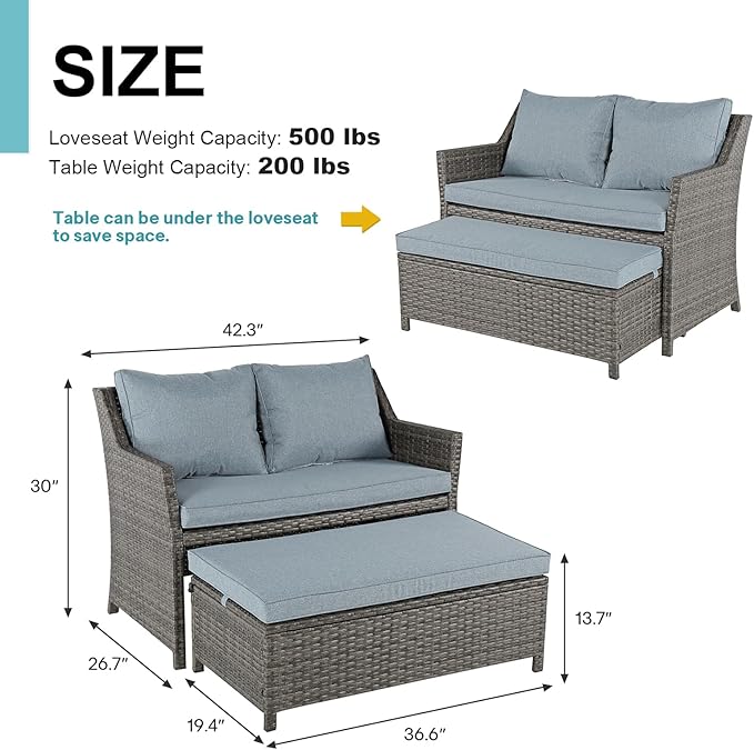 OC Orange-Casual 2-Piece Outdoor Patio Furniture Wicker Love-seat and Coffee Table Set, with Built-in Storage Bin, Grey Rattan, Grey Cushions