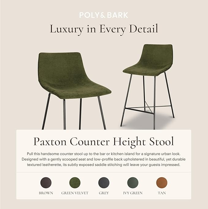Poly & BARK Paxton Leather Counter Stools 24 Inches – Set of 3 - Counter Height Bar Stools – Barstools for Kitchen Island or Counters – Faux Leather & Matte Black Steel Base – Distressed Green Velvet