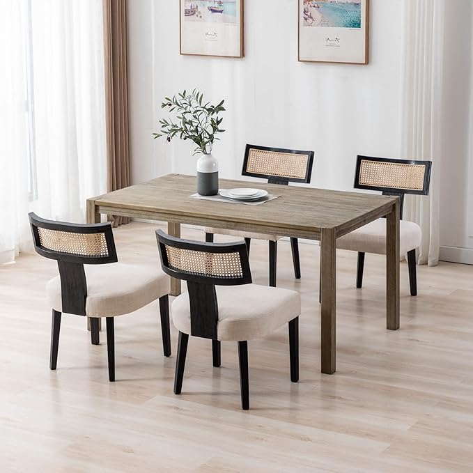 RIVOVA Rattan Dining Chairs Set of 2, Modern Dining Chairs Kitchen Dining Room Chair, Curved Cane Back Upholstered Linen Fabric Dining Chair with Black Wood Frame, Beige