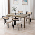 RIVOVA Rattan Dining Chairs Set of 4, Modern Dining Chair, Kitchen Dining Room Chair, Curved Cane Back Upholstered Linen Fabric Dining Chairs with Black Wood Frame, Beige