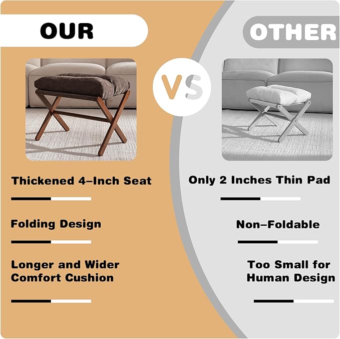 Folding Foot Stool, Small Accent Ottoman with Thick Cotton Cushion & Bamboo X Legs, Modern Padded Sofa Stool for Makeup Bedroom Living Room (Brown)