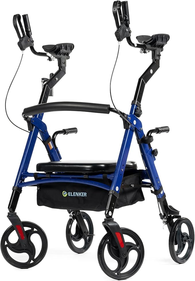 ELENKER Heavy Duty Upright Walker with Extra Wide Padded Seat and Backrest, Aluminum Bariatric Stand Up Rolling Walker, 10” Wheels, Fully Adjustment Frame, Support up to 500 lbs for Seniors, Blue