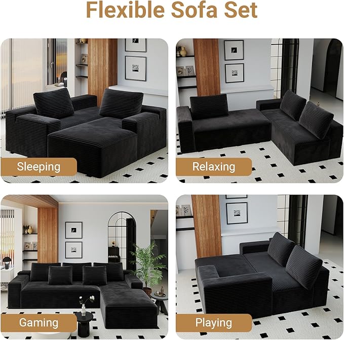 KAPEETOO Cloud Modular Sectional Sofa with Chaise Longue, Giant L Shaped Sectional Couch with Deep Seat, Oversize 3-Seater Boneless Couch for Living Room Bedroom Right Facing Chaise (Black)