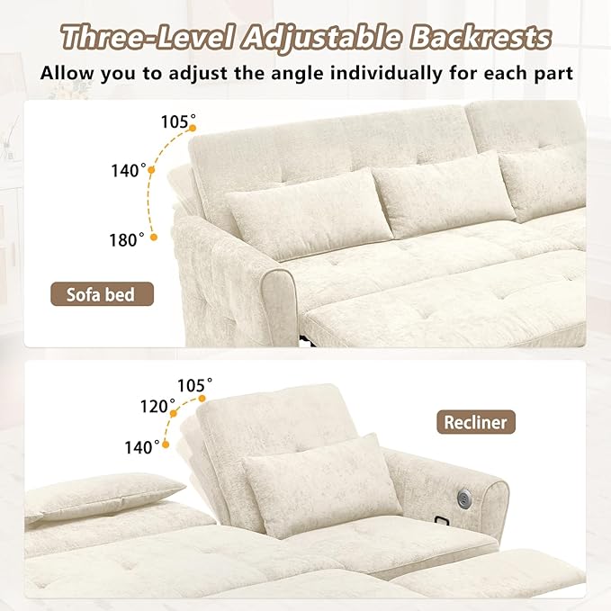 Gagawin 2 in 1 Convertible Sofa Bed with Reversible Recliner, Chenille 3-Seater Couch Sleeper with Pull Out Bed & Adjustable Backrest & Dual USB Charging Ports for Living Room, Beige