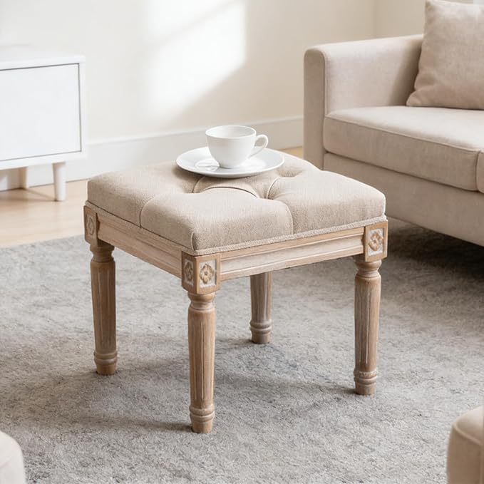 DM Furniture French Vintage Entry Bench Linen Fabric Foot Stool Small Ottoman Seat Vanity Chair with Wood Legs for Piano/Entryway Bedroom/Living Room/Hallway (Beige)