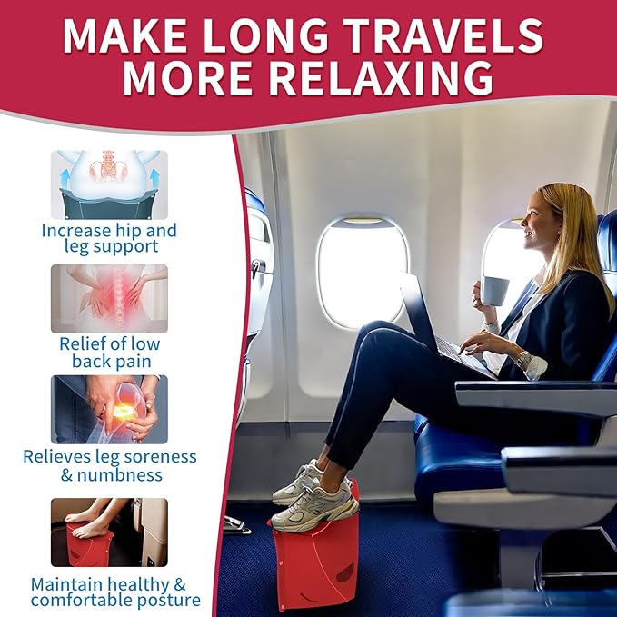 Travel Foot Rest for Airplane & Office - Portable Under Desk Foot Stool, Relieves Back & Knee Pain, Comfort for Long Flights, Cars, Subways & Trains (Red)