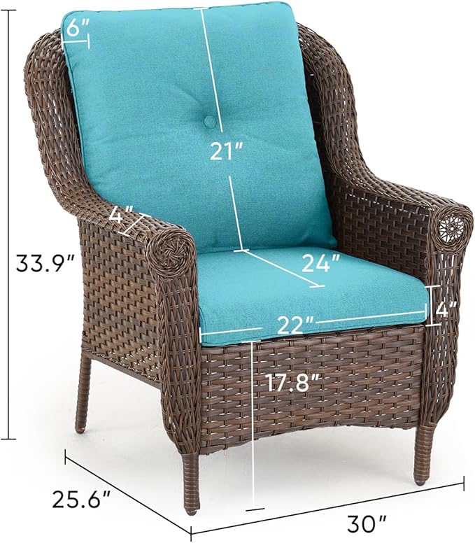 ACTREST Patio Wicker Chairs Outdoor Furniture Chair - Set of 2 Outside All Weather Lawn Dining Brown Rattan Armchair with High Back&Deep Seating for Deck Porch Balcony Backyard Garden - Turquoise