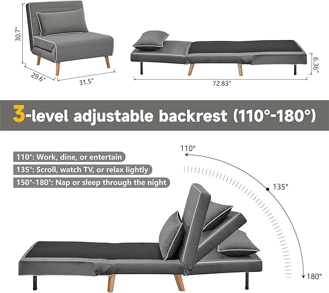 CITTANEO 32" Convertible Sleeper Chair, 3-in-1 Folding Sleeper Chair with Pillow, 3-Position Adjustable Backrest for Living Room, Bedroom, Office, Gray