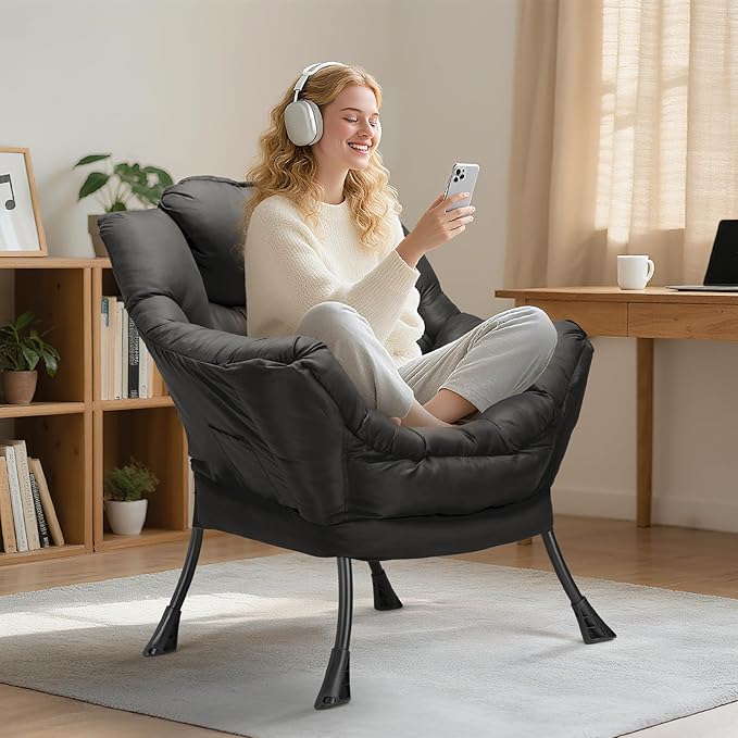 TLSUNNY Lazy Chair, Modern Comfy Lounge Accent Chair, Large Sofa Armchair with a Side Pocket, Leisure Reading Chair for Bedroom, Living Room, Dorm (Black)