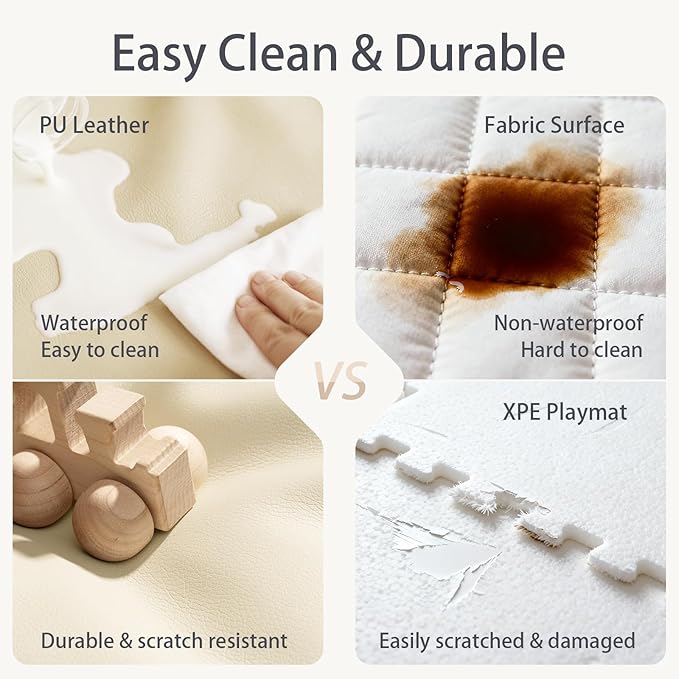 Foam Baby Play Mat: PU Leather Waterproof Kids Playmat - Trifold Floor Mat - Large Play Mat for Playpen Thick Pad Fodable Mattress Soft Toddler Mattress Infant Cushion for Preschool (Beige)