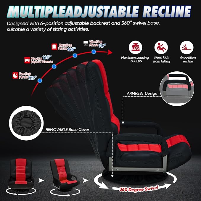 Swivel Gaming Chair 360 Degree Multipurpose 2PACK Floor Chair w/Armrest & 6 Adjustable Postions Backrest for Adults & Kids, for Reading, Gaming, Watching, Relaxing, Red
