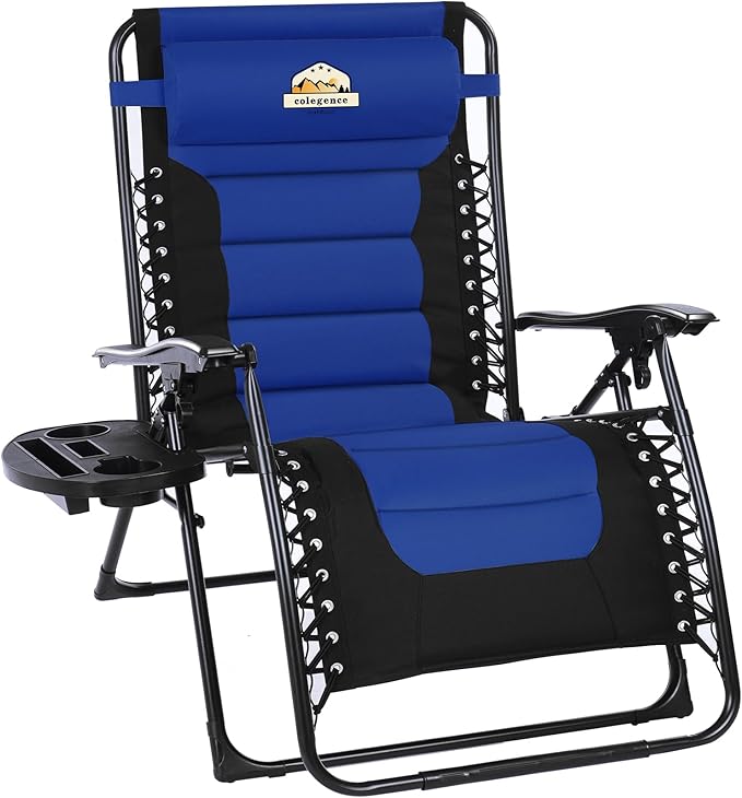 Colegence Oversized Padded Zero Gravity Lounge Chair, Foldable Patio Anti Gravity Reclining Chairs Folding Lawn Recliner with Cup Holder for Yard, Camping, Outdoor, Support 350 LBS, Blue