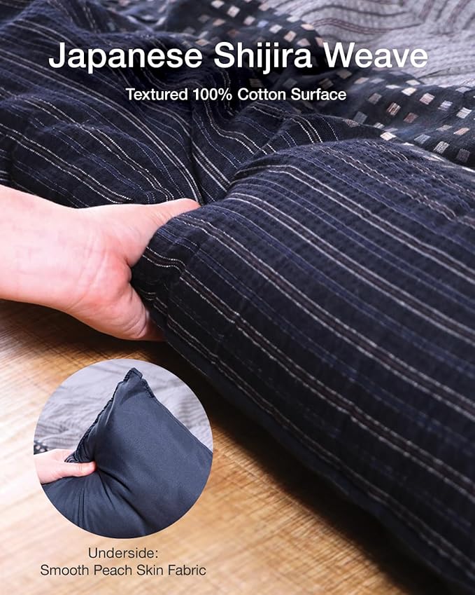 FULI Japanese Kotatsu Blanket, Warm Quilted Kotatsu Futon Comforter, 100% Cotton Top, Made in Japan, 81x81 in / 205x205 cm Square (Black)