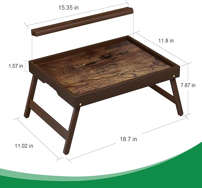 Bamboo Breakfast Tray with Foldable Legs & Detachable Stand | Ergonomic Handle | Portable Bed Tray for Eating, Working, Laptop, Tablet, and Phone（Vintage Walnut）