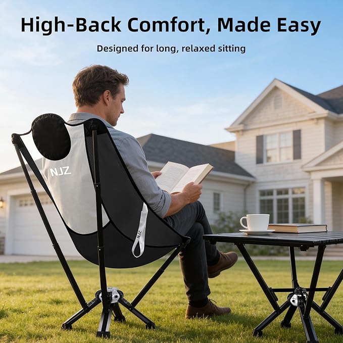 NJZ High-Back Folding Chair for Indoor & Outdoor Use — Comfortable High-Back Support, Easy One-Piece Setup, Stable Aluminum Frame, Portable Chair for Backyard, Camping & Everyday Relaxation