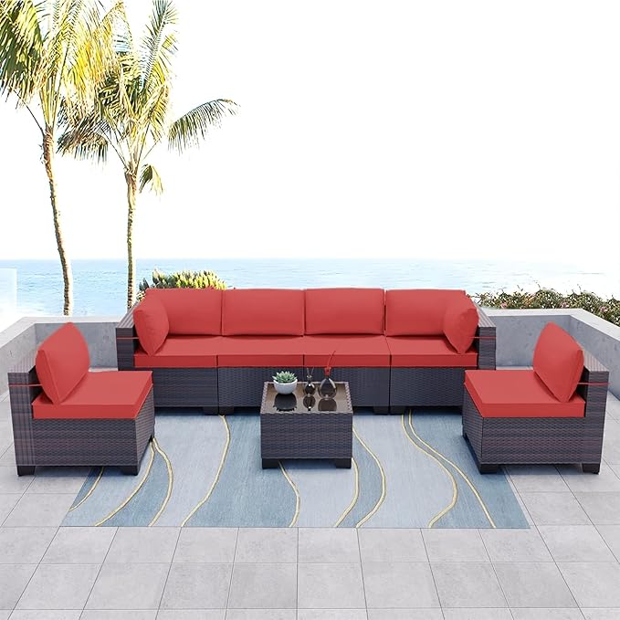 Kullavik 7 Pieces Outdoor Patio Furniture Set,Wicker Outdoor Sectional Sofa,All-Weather Patio Conversation Sets with Washable Thick Cushions & Coffee Table for Garden,Backyard,Balcony,Porch,Red