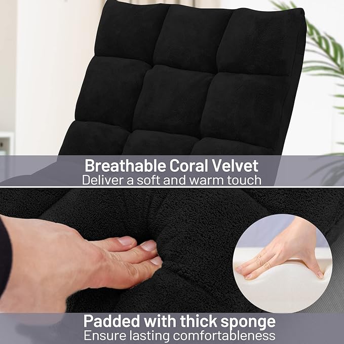 COSTWAY Adjustable Gaming Chair, Video Gaming Chairs with Back Support, Alloy Steel Frame, Soft Coral Fleece, Lazy Sofa Lounge for Reading Living Room Recliner for Adults Kids, Black