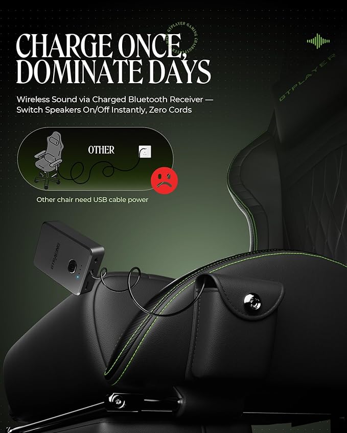 GTPLAYER Gaming Chair with Speakers, Video Game Chairs with Footrest, PC Gamer Chairs for Adults - Padded High Back Ergonomic Reclining Silla Gamer, Linkage Armrest, Ace Pro, Green