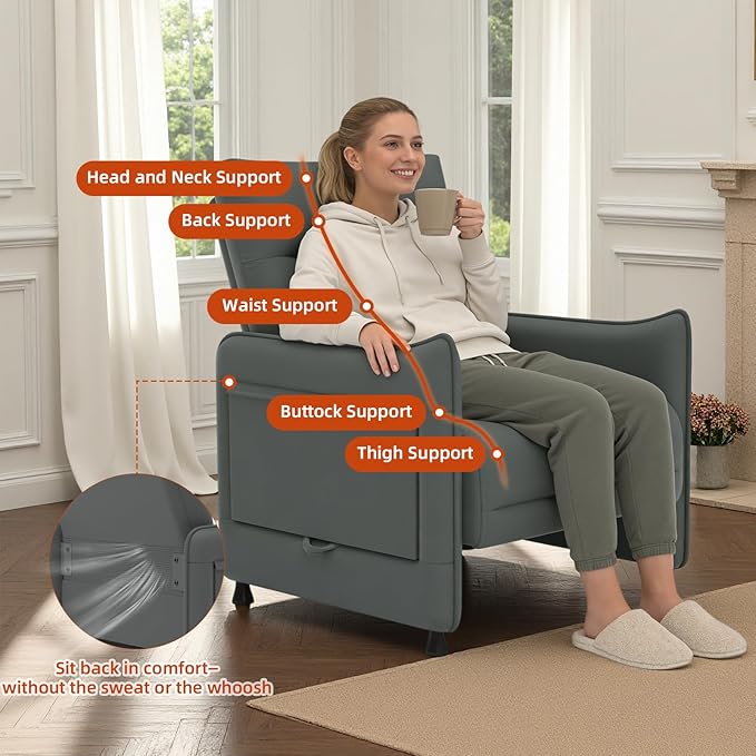 Upholstered Accent Sofa, Modern Faux Leather Sofa Chair with Hidden Foldable Tray & Side Pocket, Front Contour Arm Design, Small Accent Sofa for Bedroom, Gray