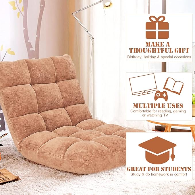 KOMFOTT Floor Chair with Back Support, 14-Position Adjustable Folding Padded Gaming Sofa Chair for Reading, Meditation, Living Room Lazy Lounge Chair, Floor Video Gaming Chair, Tan