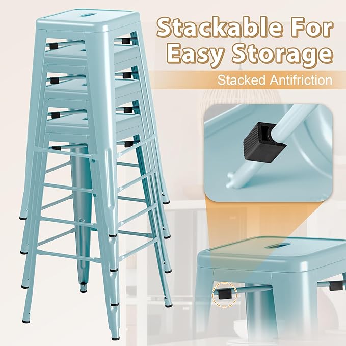 Furmax 30 Inch Metal Bar Stools Set of 4, Counter Height Backless Stools, Industrial Bar Chairs Patio Stool Stackable Backless Stool for Kitchen/Dining Room/Bistro/Patio Indoor Outdoor (Blue)