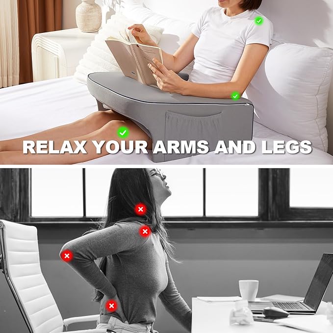 cooloo8 Lap Desk Pillow for Bed, Soft Arm Rest Pillow, Reading Lap Pillow, Memory Foam Reading Pillow, Laptop Lap Desk for arms for Reading, Working in Bed Couch(Grey)