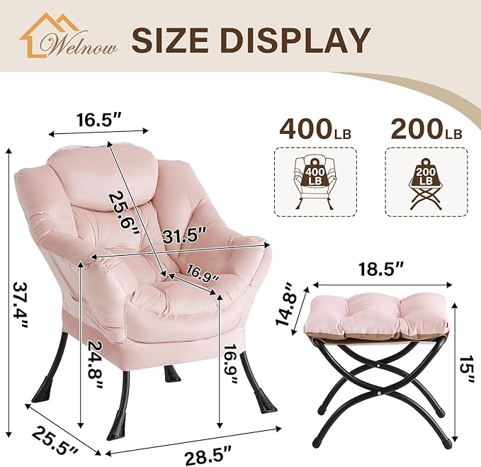 Welnow Lazy Chair with Ottoman, Modern Lounge Accent Chair with Armrests and a Side Pocket, Leisure Sofa Armchair, Reading Armchair with Footrest for Small Space, Pink