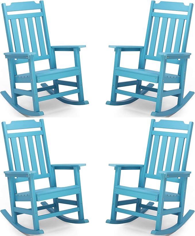 hOmeQomi Rocking Chairs Set of 4, All Weather Resistant Poly Lumber Outdoor Porch Rocker, Rocking Chairs for Outdoor, Indoor, Patio, Deck, Garden, Backyard, Load Bearing 380 lbs - Lake Blue
