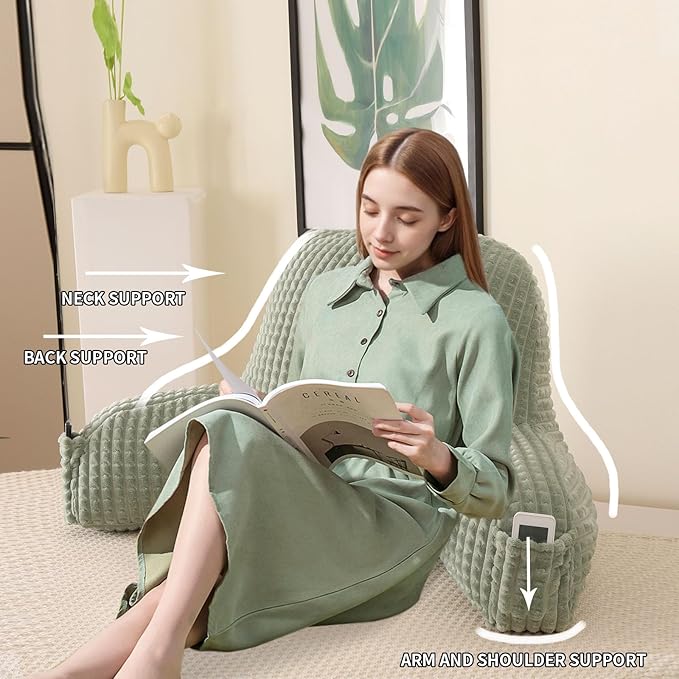 PAJEO Reading Pillow for Sitting in Bed, Large Backrest Reading Pillow with Arm Rest,Back-Rest Support Cushion for Sit Up on Couch, Sofa, and Floor, Dorm Essentials (Green Flannel, Standard(17inch))