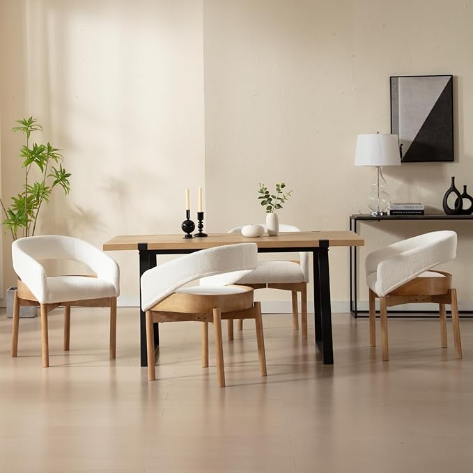 DUOMAY Modern Sherpa Dining Chairs Set of 4, Open Back Kitchen Chairs with Solid Wood Legs Upholstered Curved Back Side Chairs for Kitchen Restaurant, Fur White