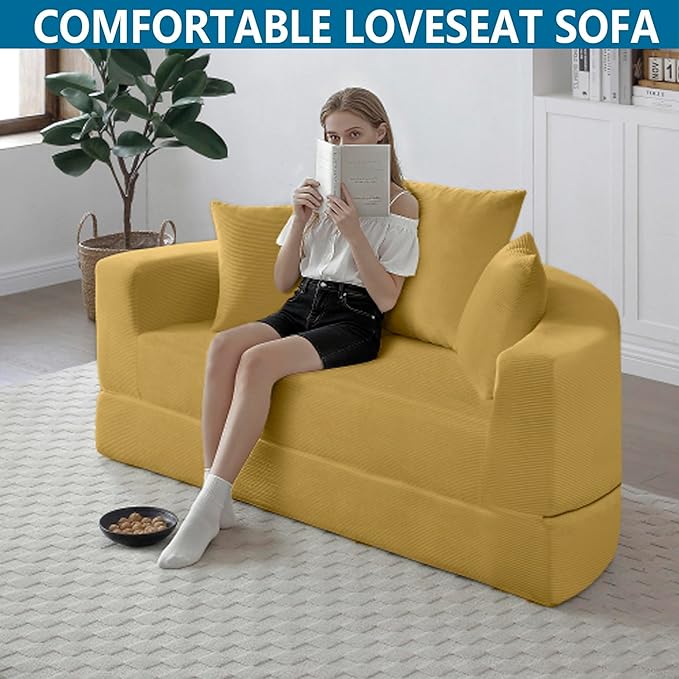 67" Round Convertible Folding Sofa Bed, Boneless Couch Loveseat, Floor Sleeper Chaise Lounge for Living Room, Apartment, Dorm, Small Spaces, Yellow