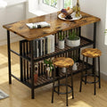 Lamerge 3 Piece Bar Table and Chairs Set, Industrial Bar Table Set for 2 Kitchen Island with Seating,Counter Height Table with Storage Shelves,Dining Room Table Set for Kitchen,Walnut