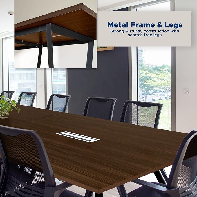 ahliss Sturdy Conference Table with Cable Management Grommets Modern Rectangle Office Meeting Table with Wood Tabletop and Metal Frame & Legs- Easy Assembly Boardroom Table (Dark Brown, 12 Foot)