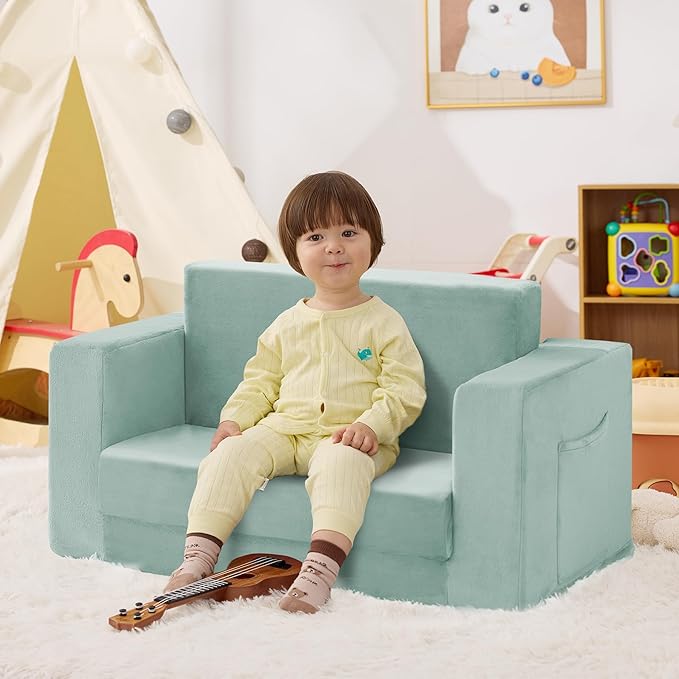 Kids Couch, 2-in-1 Toddler Chair Comfy 1-3 Years, Convertible Kids Chair, Toddler Couch That Fold Out, Kid Lounge Chairs for Boys and Girls, Soft Coral Fleece, Double, Teal