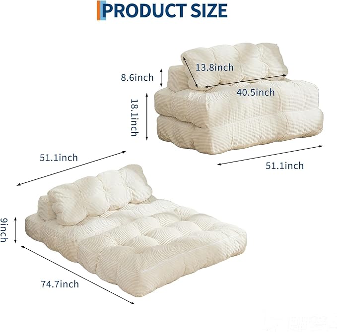 Garvee Folding Sofa Bed, Convertible Sleeper Chair with Pillow Foldable Mattress with Back Support, Boneless Fold Out Chair Bed Comfy Floor Sofa Lounge for Living Room, Bedroom, Beige, Full