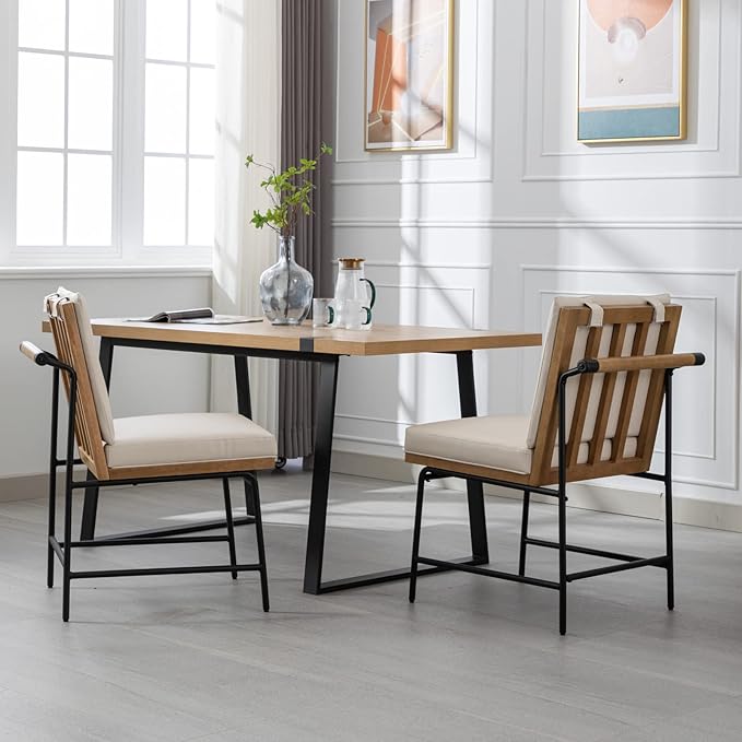 LukeAlon Mid Century PU Leather Dining Chairs Set of 4, Upholstered Square Back Kitchen Chairs with Metal Legs Armless Parsons Chairs with Wood Frame for Dining Room Reception Room, Beige