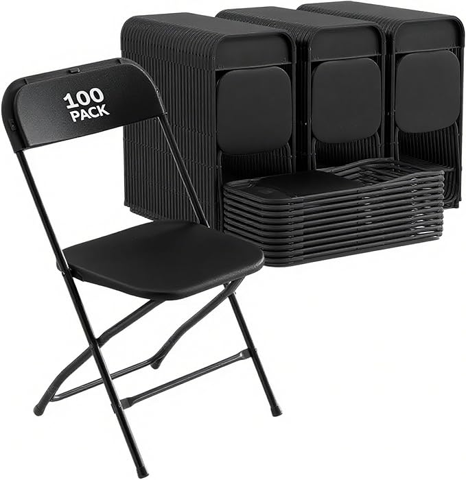 100 Pack Black Plastic Folding Chair for Indoor Outdoor, 350 lb Capacity, Foldable Commercial Stacking Chairs with Steel Frame for Office Wedding Party Events