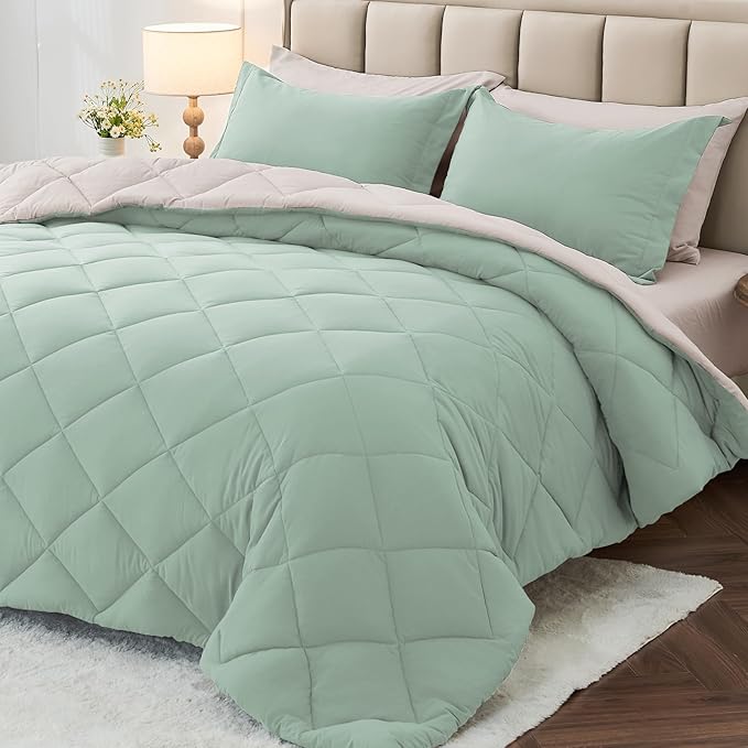 MUXHOMO 5 Pieces Twin XL Comforter Set, Reversible Bed in a Bag Twin XL Size, All Season Bedding Set with Comforter, Flat Sheet, Fitted Sheet, Pillowcases & Shams, Sage Green & Beige