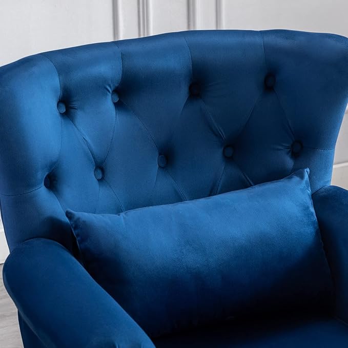 LZAREAL Accent Reading Arm Chairs with Ottoman for Living Room Bedroom, Midcentury Modern Comfy Corner Sofa Chair, Wingback Waiting Room Club Chair with Button Tufted Back &Lumbar Pillow, Velvet Blue