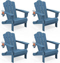 KINGYES Folding Adirondack Chair Set of 4, HDPE All-Weather Patio Chairs with Cup Holder, Wooden Textured Fire Pit Chairs for Poolside, Backyard, Deck, Navy