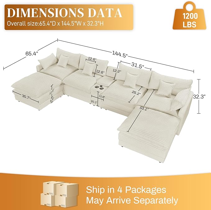 HYJT-H&K 145" U Shaped Cloud Couch Modular Beige Sectional Couches for Living Room, Comfy Fluffy Corduroy Oversized Cloud Sectional Couch Large 6 Seat Sectionals Sofa Set Central Console USB Port