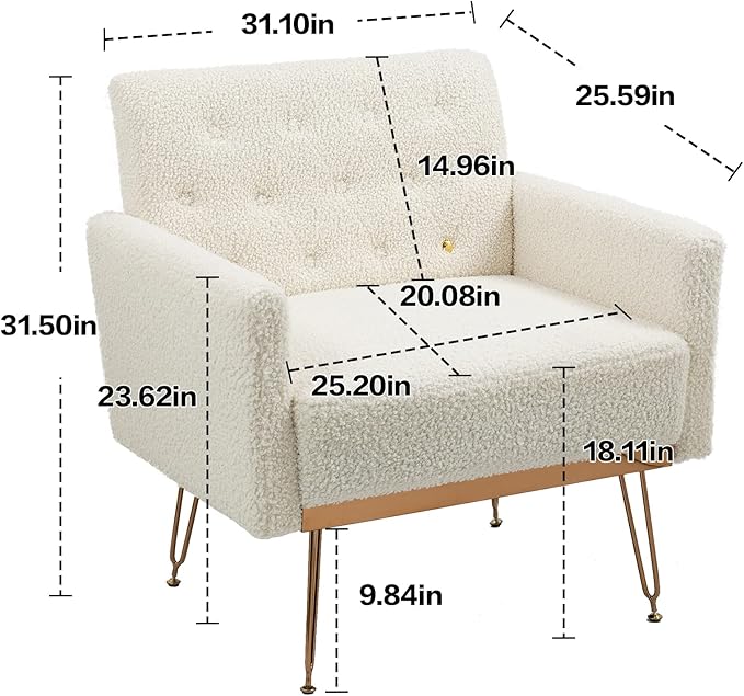 Accent Chair for Living Room, Comfy Oversized Velvet Upholstered Arm Chairs, Mid Century Modern Reading Single Sofa Side Chair with Tufted Back and Gold Legs for Bedroom (2, Teddy White)