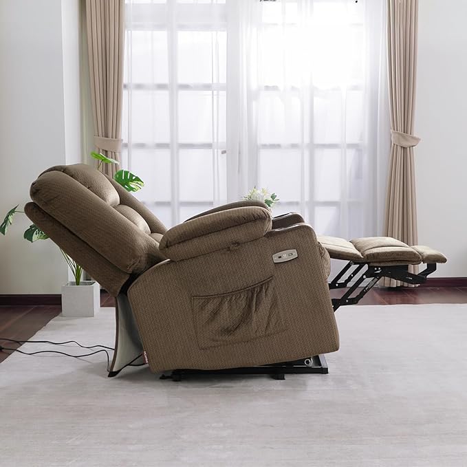 MCombo Oversized Power Lift Recliner Chair Sofa with Massage and Heat for Elderly People Petite, USB Ports, Side Pockets, Fabric R7561 (Brown, Small-Oversize)