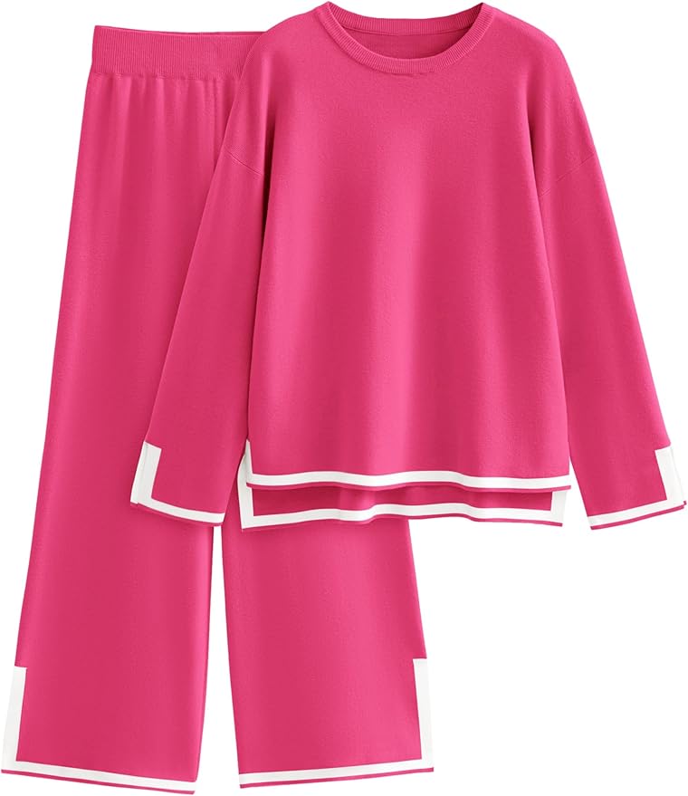 Tanming Women's 2 Piece Outfits Long Sleeve Knit Sweater Top Wide Leg Pants Lounge Sets Tracksuits