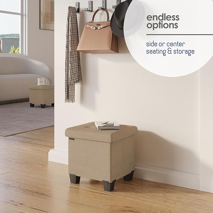 Storage Ottoman Cube with Small Bin, 16-in Square Ottoman with Storage for Living Room and Bedroom, Small Ottomans Foot Rest, Fabric Foot Stools Ottomans Max 330lbs, Taupe