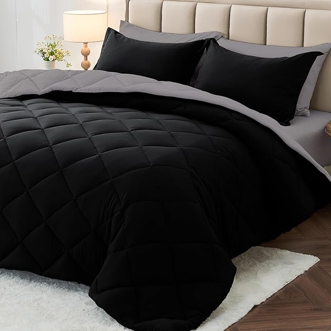 MUXHOMO 5 Pieces Twin Comforter Set, Reversible Bed in a Bag Twin Size, All Season Bedding Set with Comforter, Flat Sheet, Fitted Sheet, Pillowcases & Shams, Black & Soot
