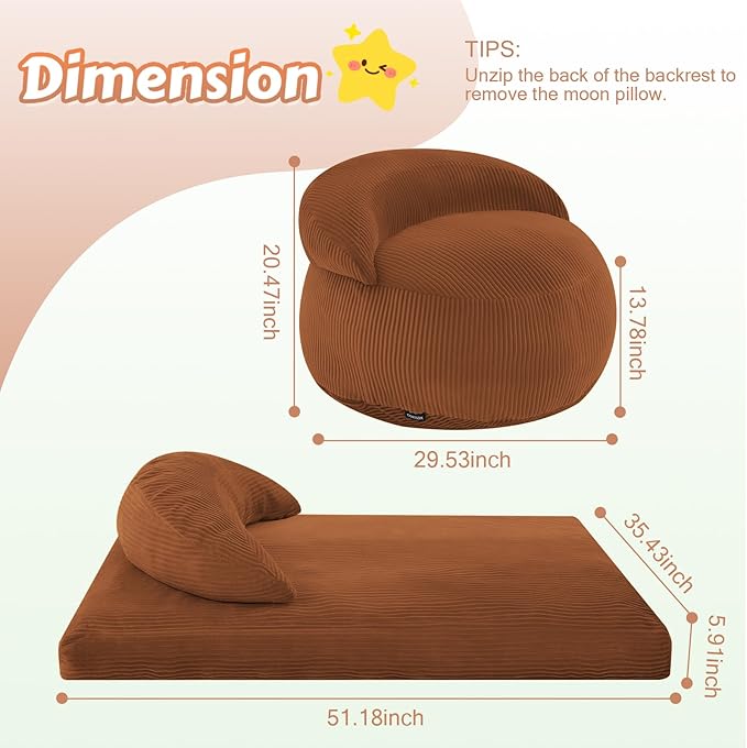 COMAX Bean Bag Chair for Kids, Convertible Toddler Beanbag Bed Corduroy, Children Bean Chair Stuffed to Floor Mattress with Filler, Orange