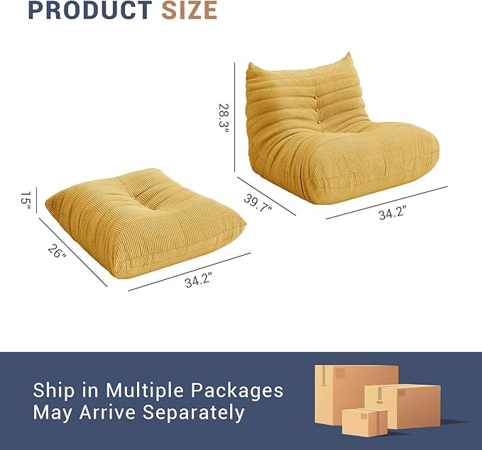 Fireside Chair Corner Bean Bag Chair for Adults, Modern Corduroy Fabric Caterpillar Sofa Couch, Lazy Floor Sofa Armless Foam Couch Lounger Tatami Recliner for Living Room Bedroom Dorm Office