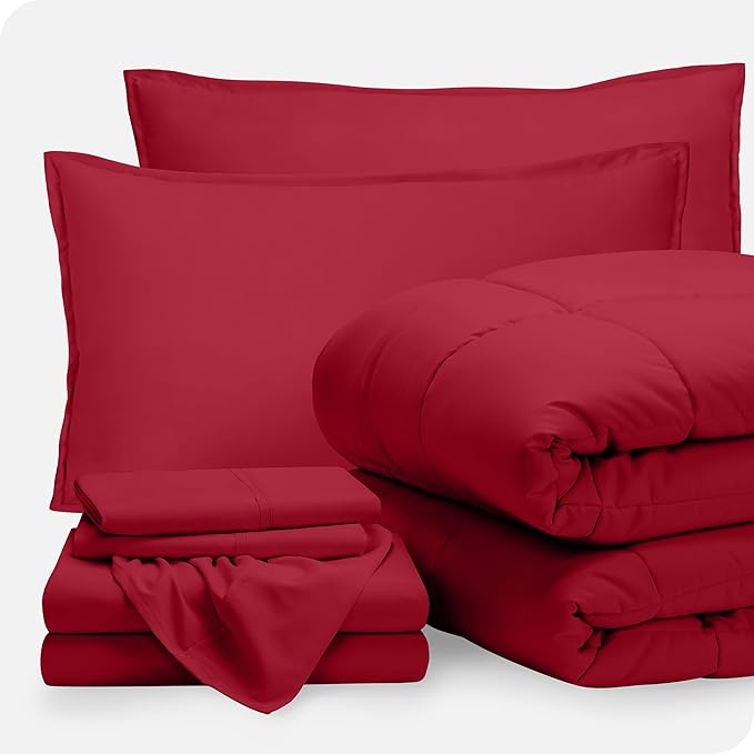 Bare Home Bed-in-A-Bag 7 Piece Comforter & Sheet Set - King - Goose Down Alternative - Ultra-Soft 1800 Premium - Bed Set (King, Red/Red)